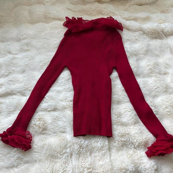 Y2K Red Long Sleeve Frilly Blouse - Picture 4 of 4